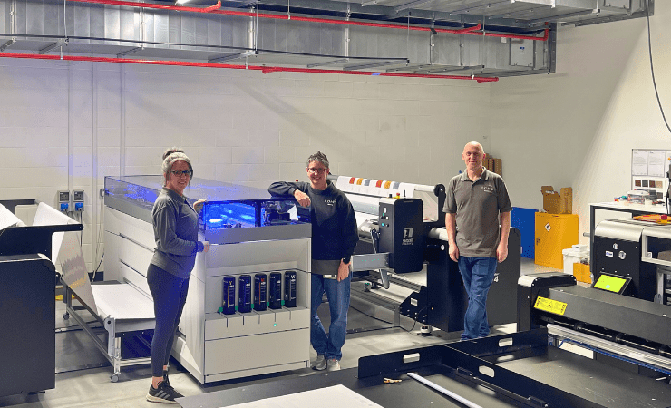 From left Clair Daniels, Nicola Craven, patterning operatives with Nick Hayward, patterning team leader, Romo.