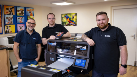 Polyprint's George Marsonis (left) and the team from Nova Chrome UK with the FilmJet Mini 30