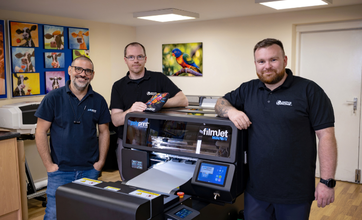 Polyprint's George Marsonis (left) and the team from Nova Chrome UK with the FilmJet Mini 30